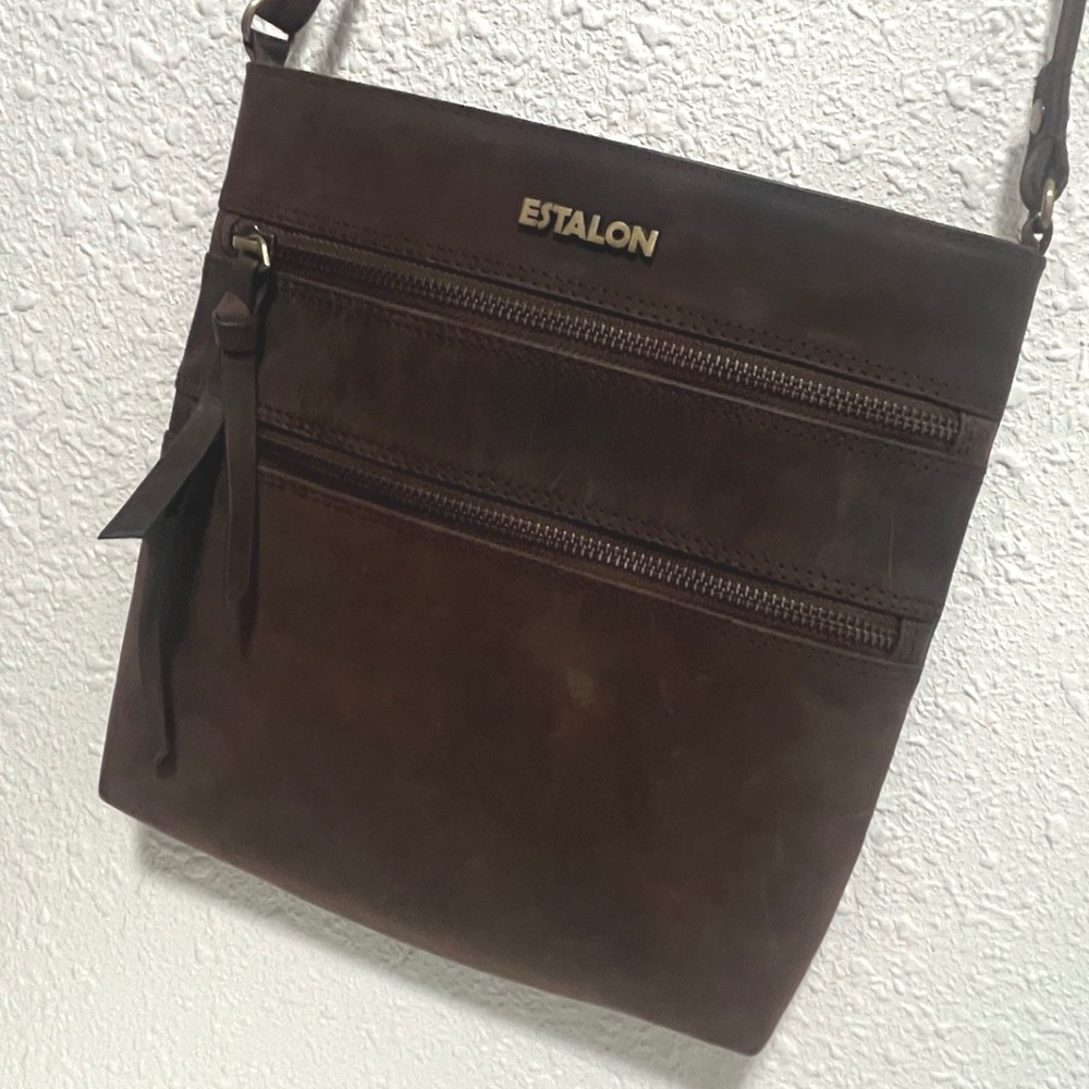 Estalon Dark Brown Genuine Leather Crossbody Messenger Bag Adjustable Purse EUC
